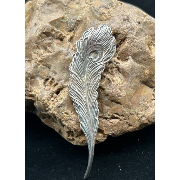 925 Sterling Silver Feather Brooch Pin peacock 3" - Picture 2 of 7